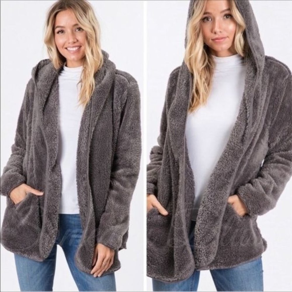 Faux Fur Teddy Jacket in Dark Gray. Brand new with tags this furry cardigan